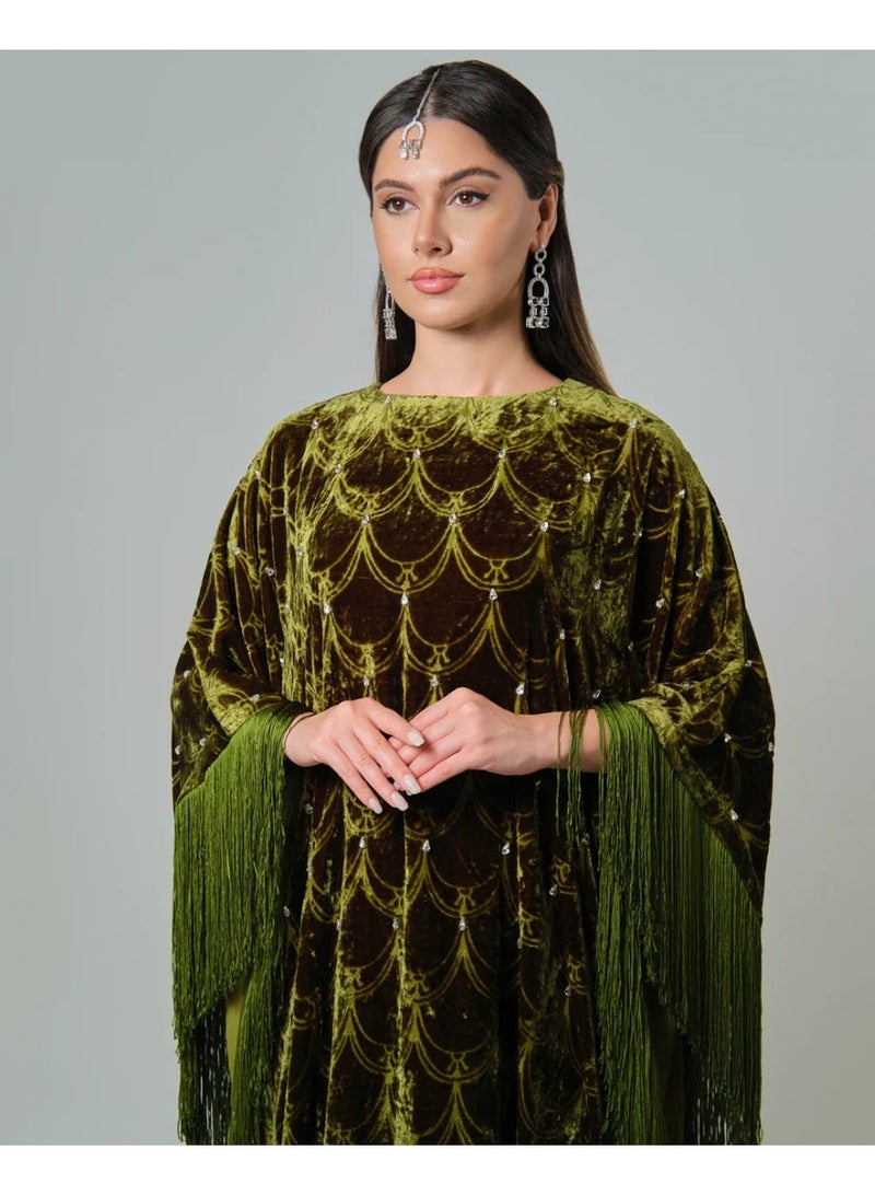 QABEELA RAM25 MOSS GREEN DEVORE KAFTAN - Image 2